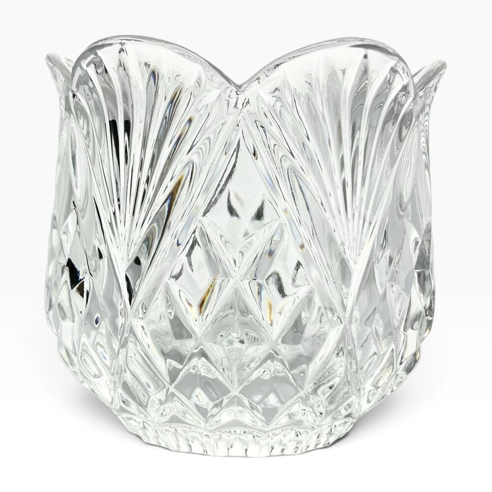 1980s Vintage Heavy Crystal Tulip Scalloped Rose Bowl Vase 4 3/8” X & Fan Cuts